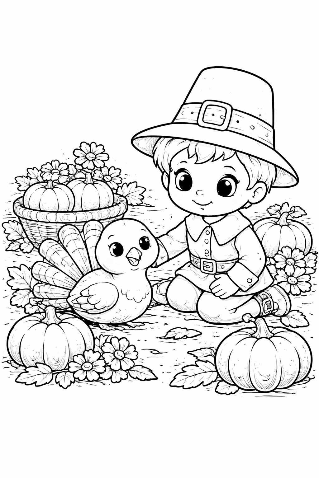 kawaii Thanksgiving cornucopia coloring page | adorable harvest basket | kids holiday coloring sheet