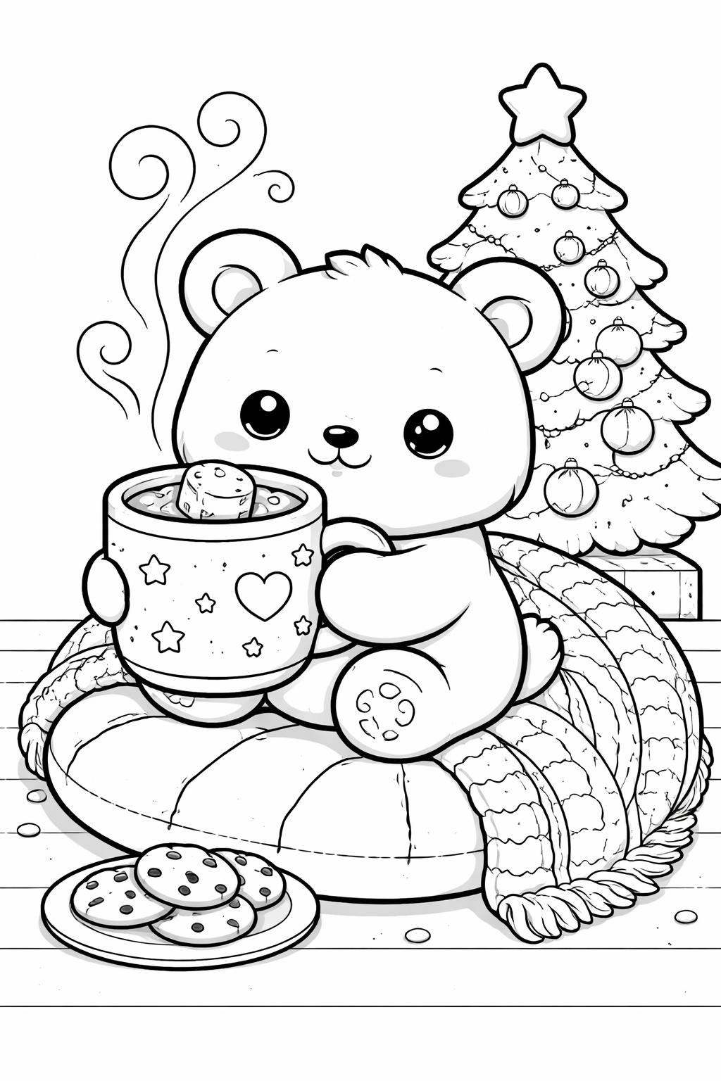 Cute teddy bear holding a decorated mug with steam, cookies on a plate, sitting on a blanket by a Christmas tree.