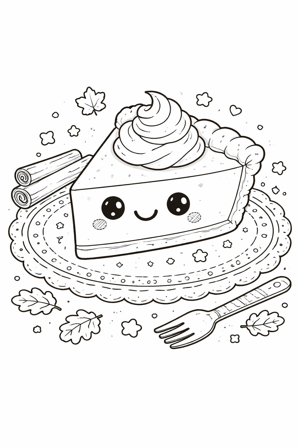 kawaii pumpkin pie coloring page | cute dessert with whipped cream | festive printable activity