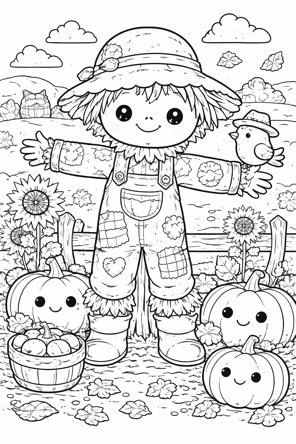 Smiling scarecrow in overalls with outstretched arms in a pumpkin patch, surrounded by pumpkins, sunflowers, and a basket of apples with a bird perched nearby.