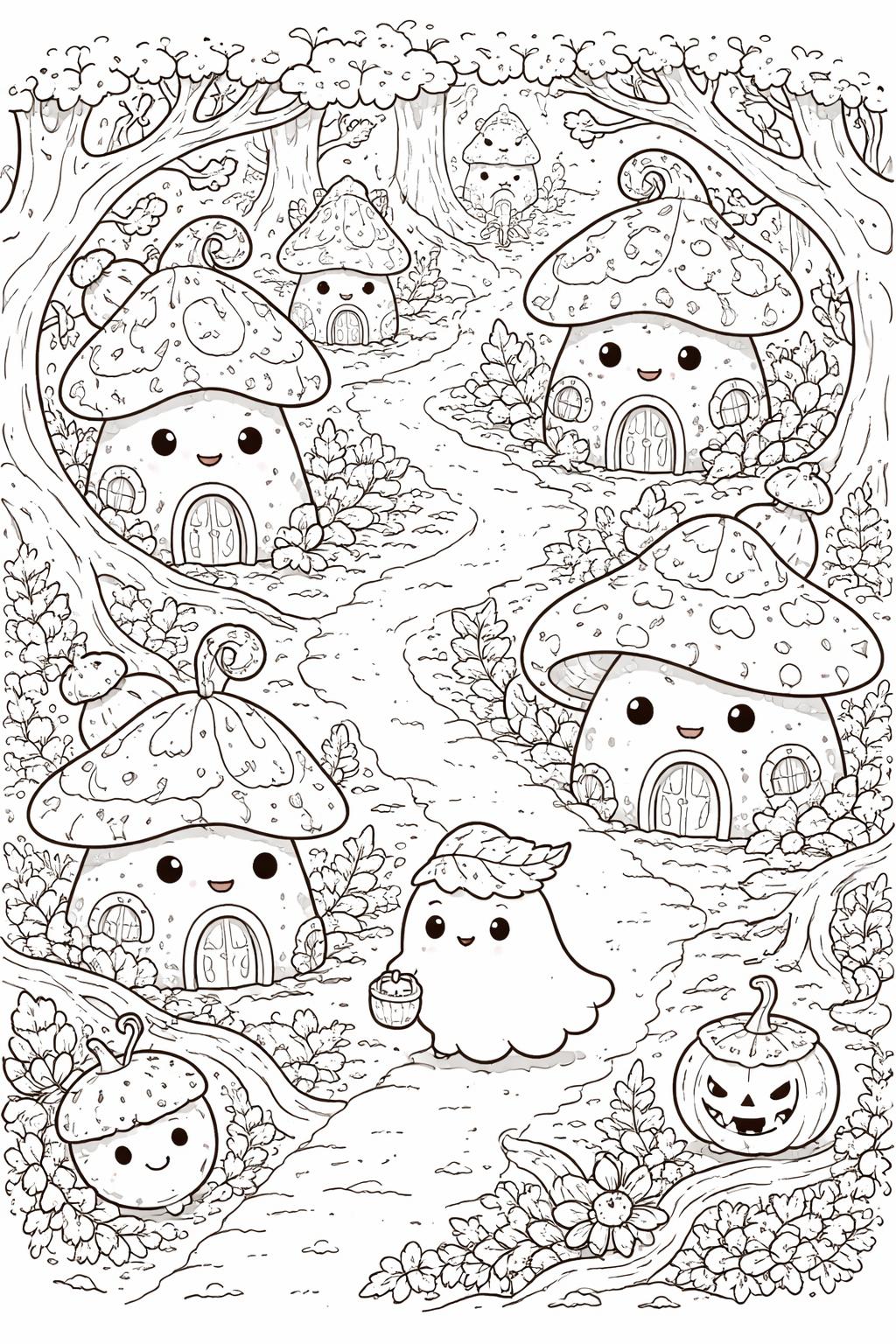 kawaii haunted house coloring page | adorable spooky cottage | printable seasonal activity