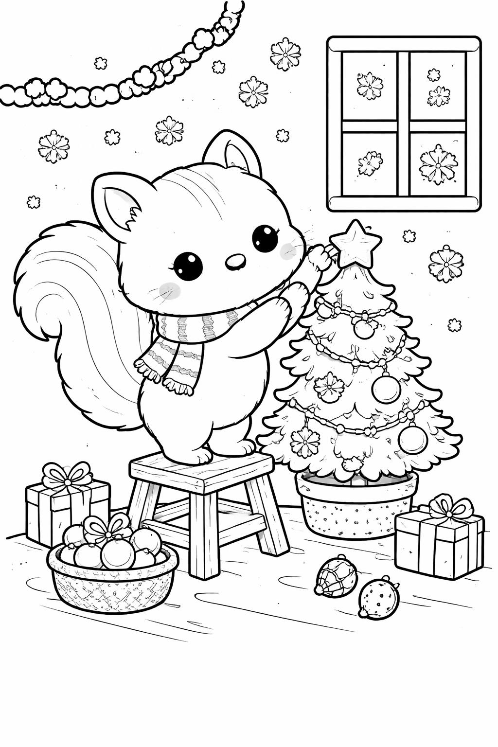 Line drawing of a squirrel on a stool decorating a Christmas tree with ornaments and a star topper, surrounded by gifts and decorations.