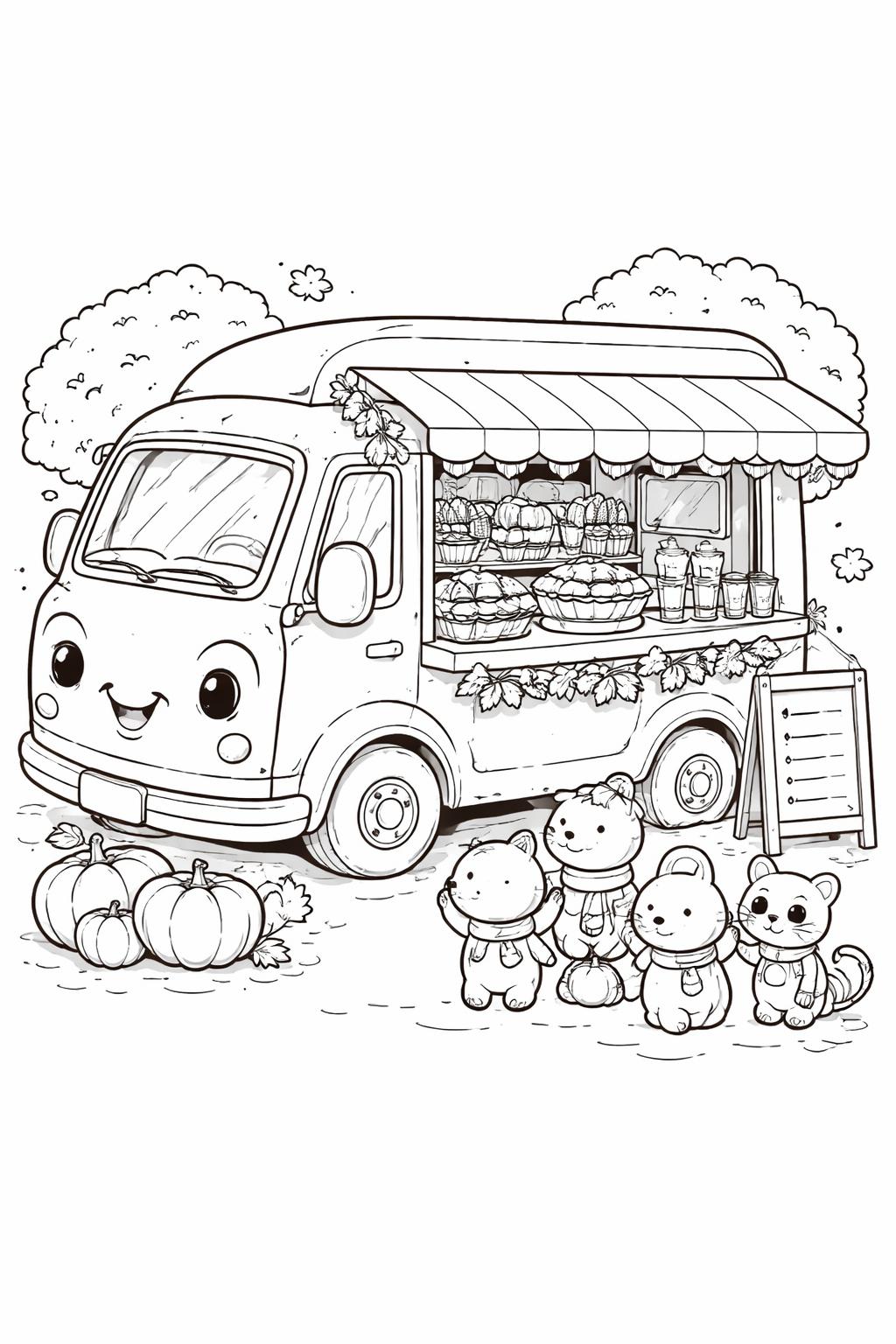 kawaii cornucopia coloring page | smiling harvest horn with produce | printable seasonal coloring sheet