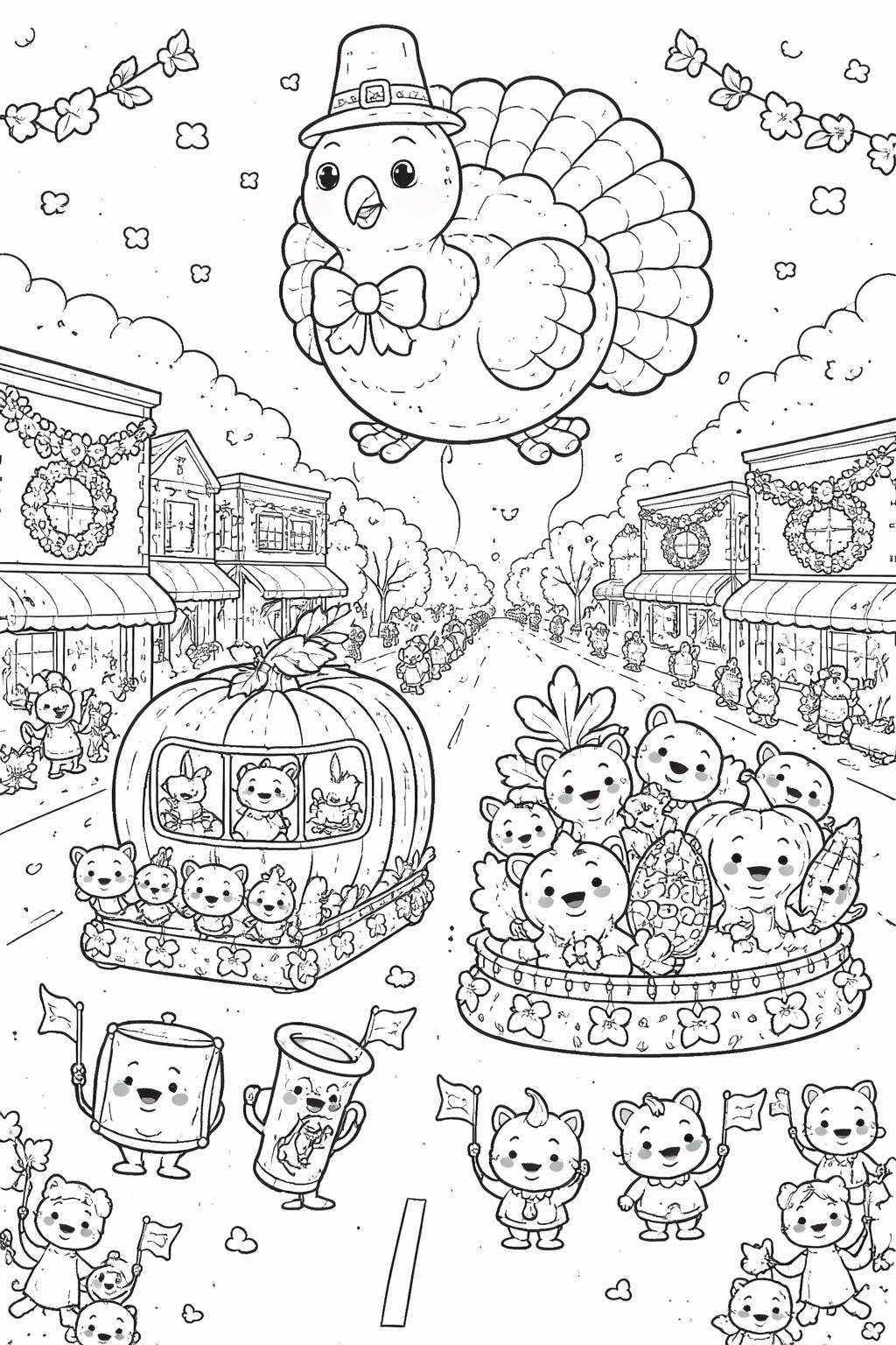 Whimsical parade scene with a giant turkey balloon above a decorated street and pumpkin carriage filled with animals crowds cheering along the road.