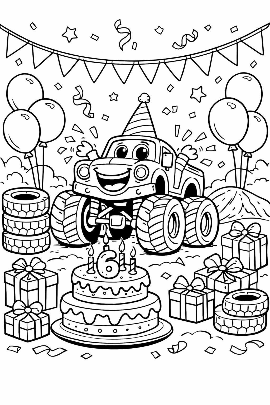 realistic monster truck coloring page | detailed giant vehicle | printable coloring activity