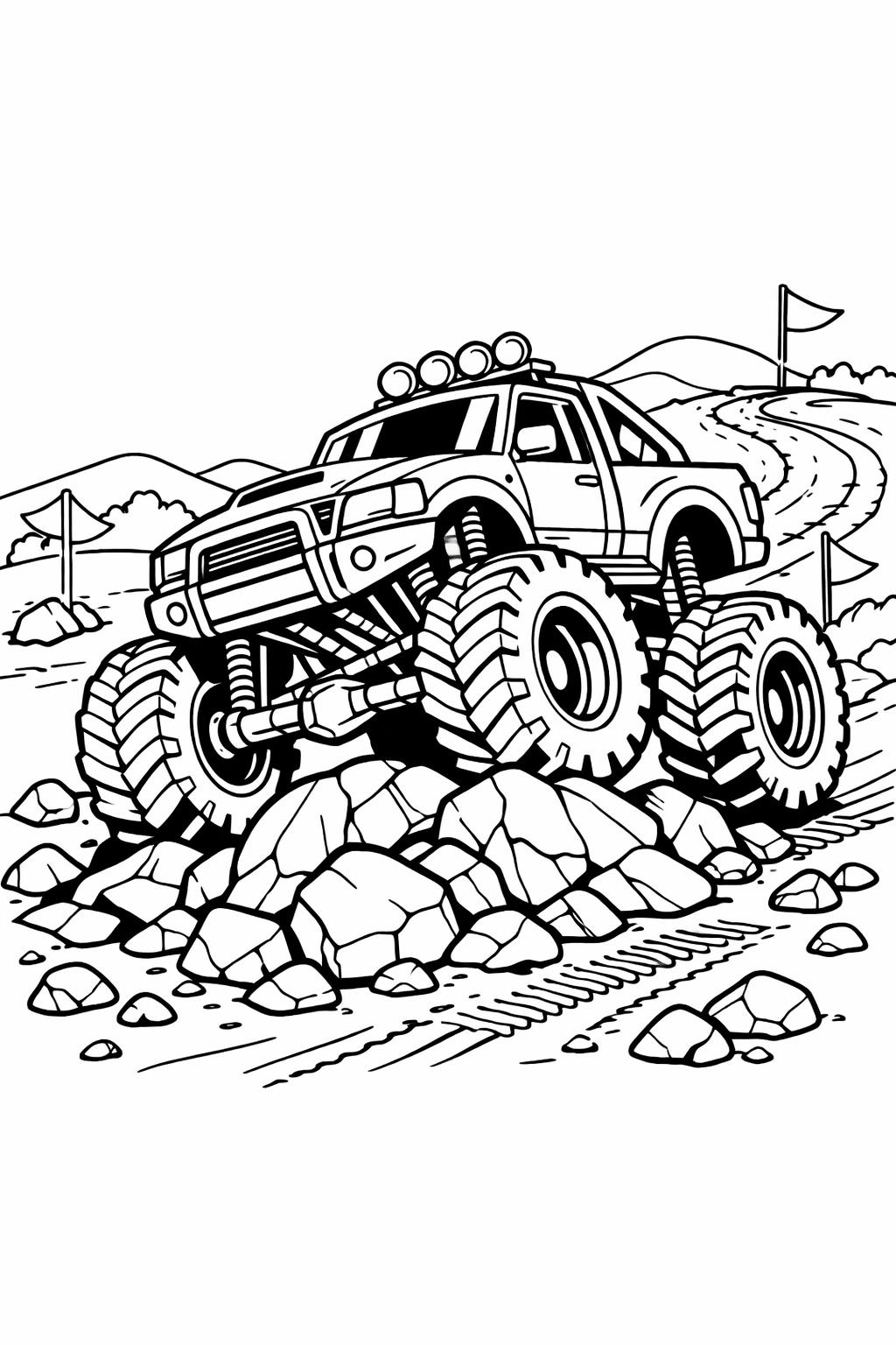 monster truck with flames coloring page | fiery truck design | bold kids coloring sheet