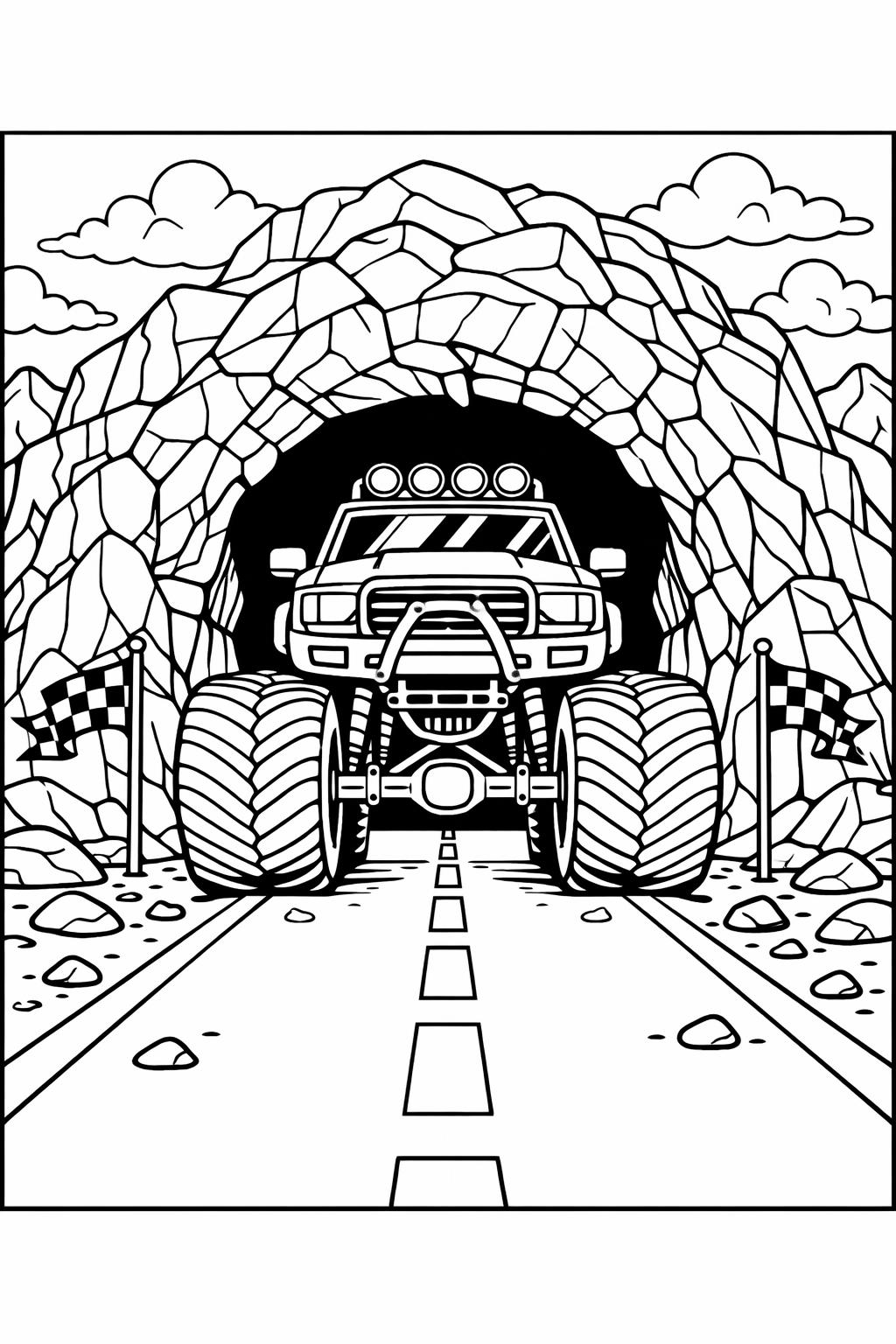 monster truck drifting coloring page | tires spinning and smoke | exciting kids coloring sheet