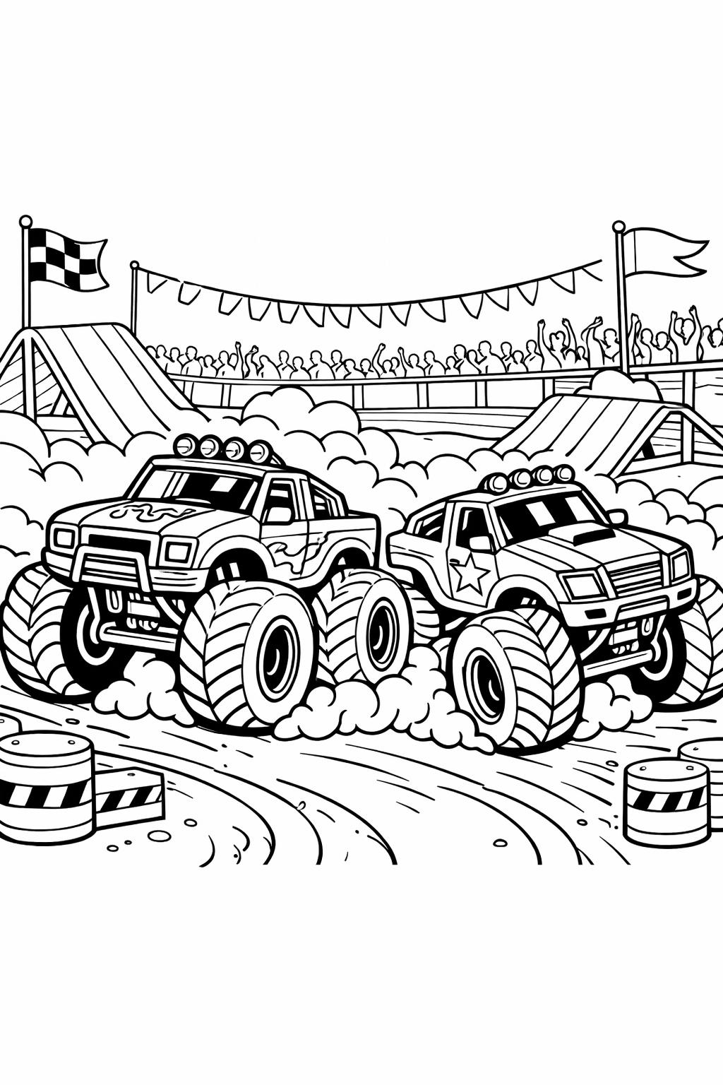 monster truck performing a stunt coloring page | thrilling truck jump | printable activity