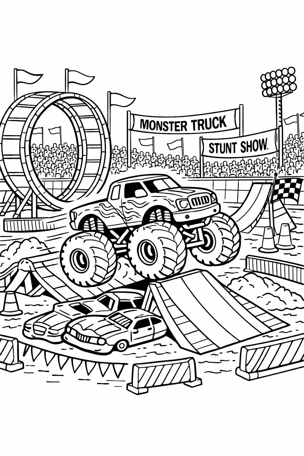 monster truck arena coloring page | action-packed stadium scene | printable kids activity