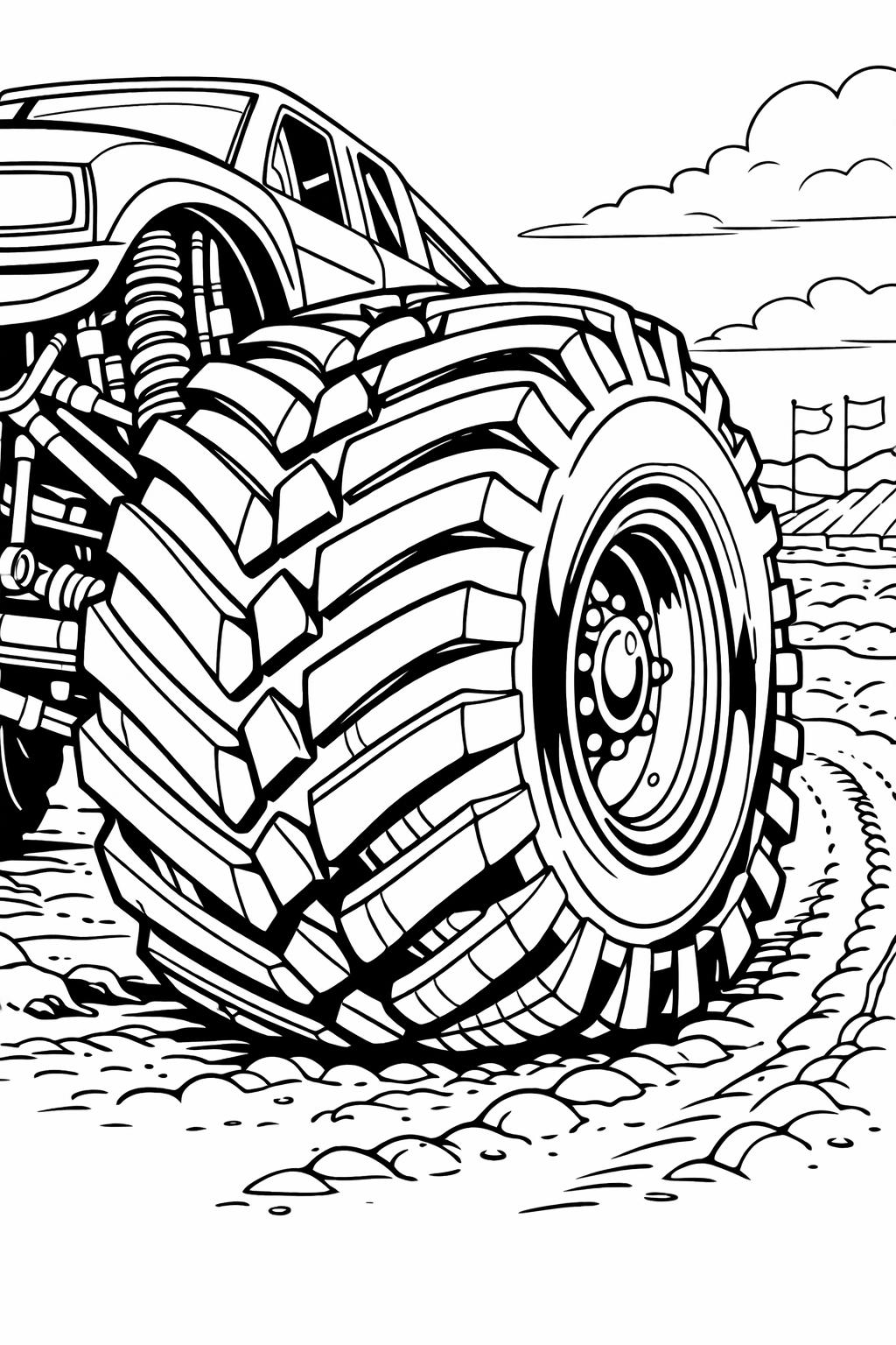 monster truck on a dirt track coloring page | rugged racing scene | truck coloring sheet