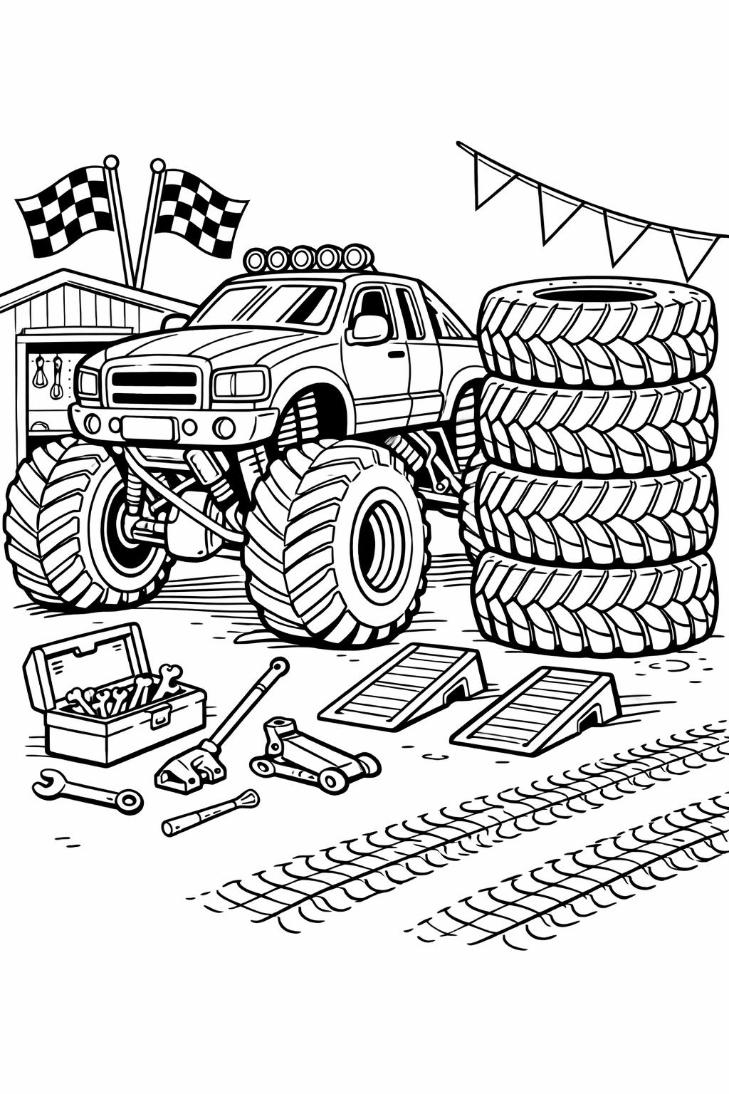 monster truck freestyle show coloring page | spectacular stunts | printable truck activity