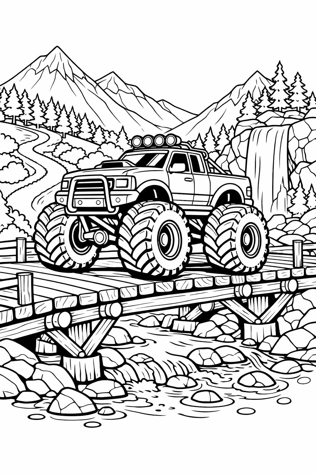 monster truck climbing rocks coloring page | extreme off-road adventure | printable activity
