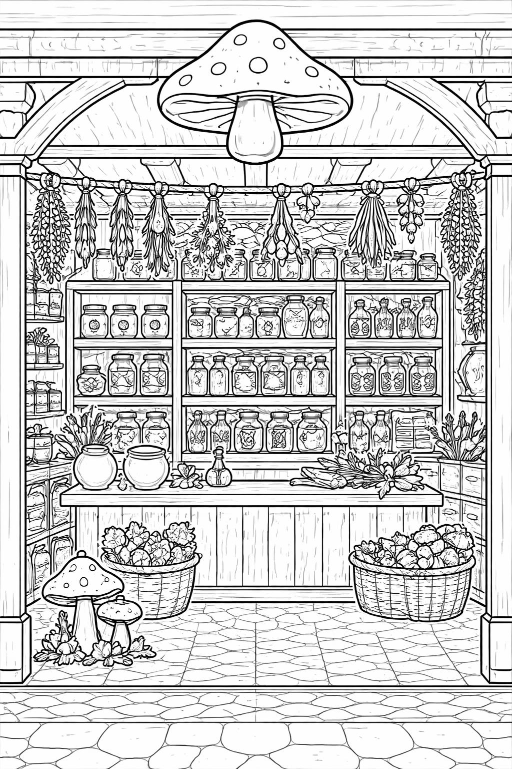 mushroom basket coloring page | freshly gathered woodland mushrooms | nature-themed coloring sheet