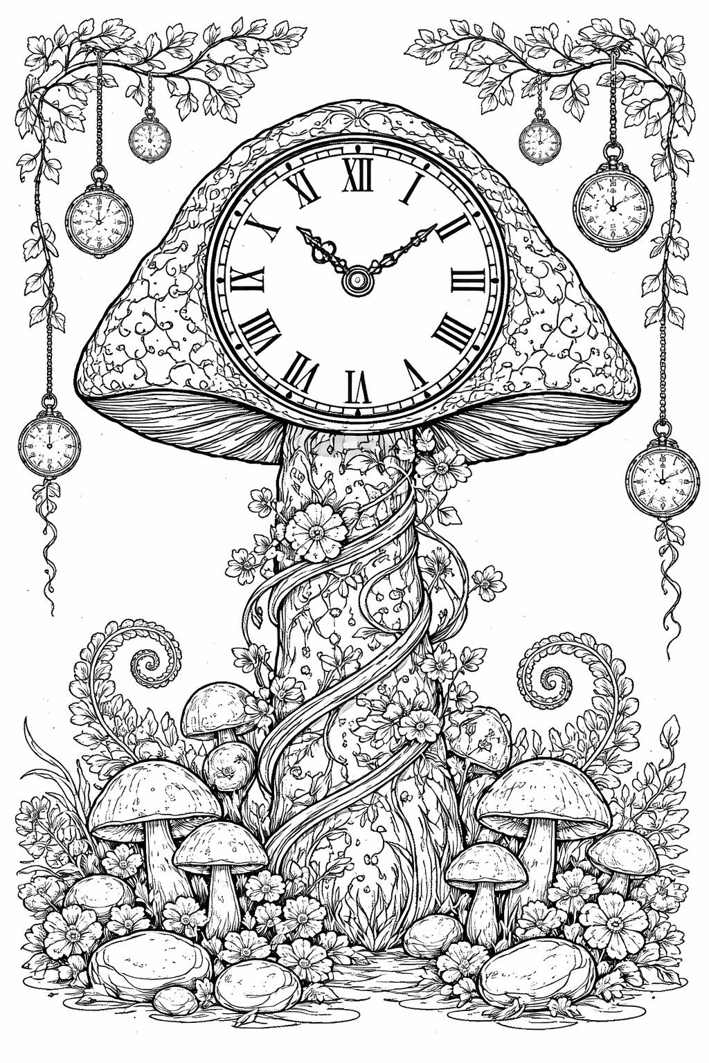 mushroom garden coloring page | clusters of mushrooms and leaves | printable nature sheet