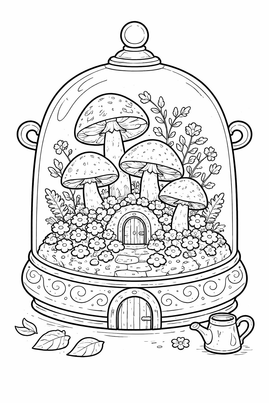 mushroom house coloring page | whimsical fairy-tale cottage | magical woodland activity