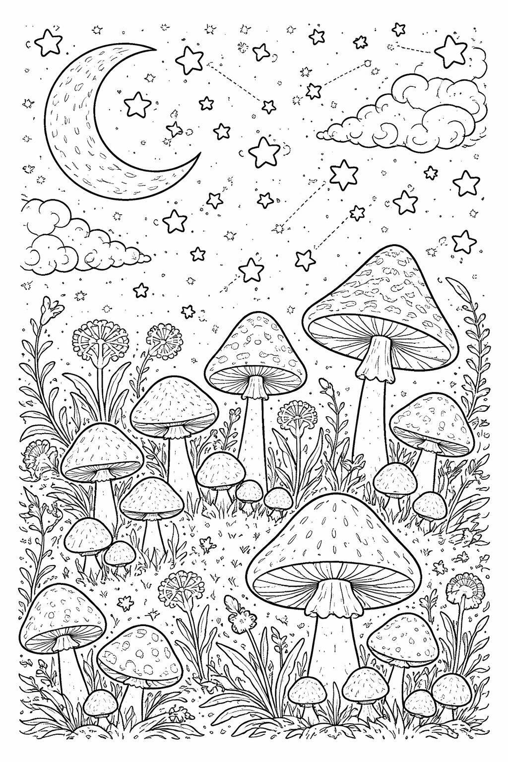 mushroom mandala coloring page | intricate fungi-inspired patterns | relaxing adult coloring sheet