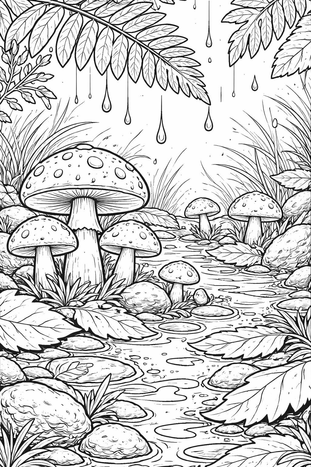 autumn mushroom coloring page | fungi surrounded by fall leaves | seasonal coloring sheet