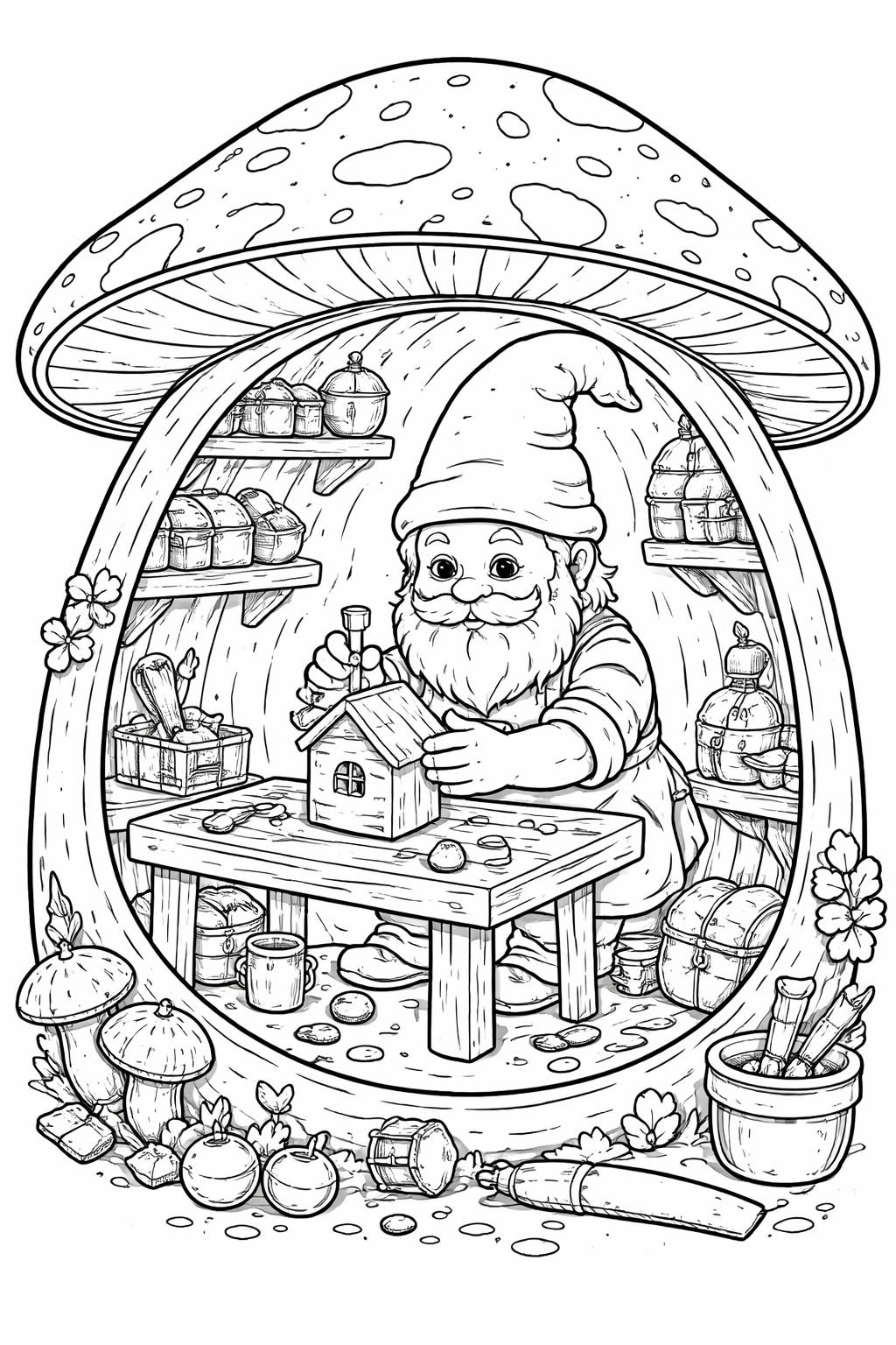 mushroom cottage in the woods coloring page | fairy-tale woodland home | printable fantasy design
