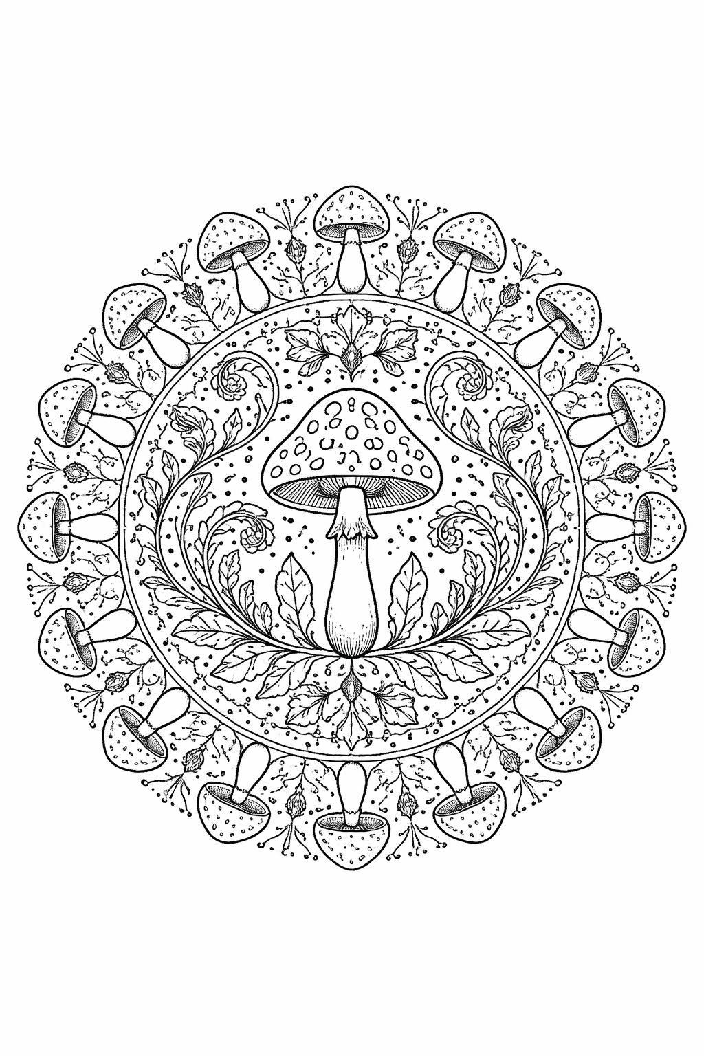 intricate mushroom illustration coloring page | detailed forest plants and fungi | adult relaxation activity