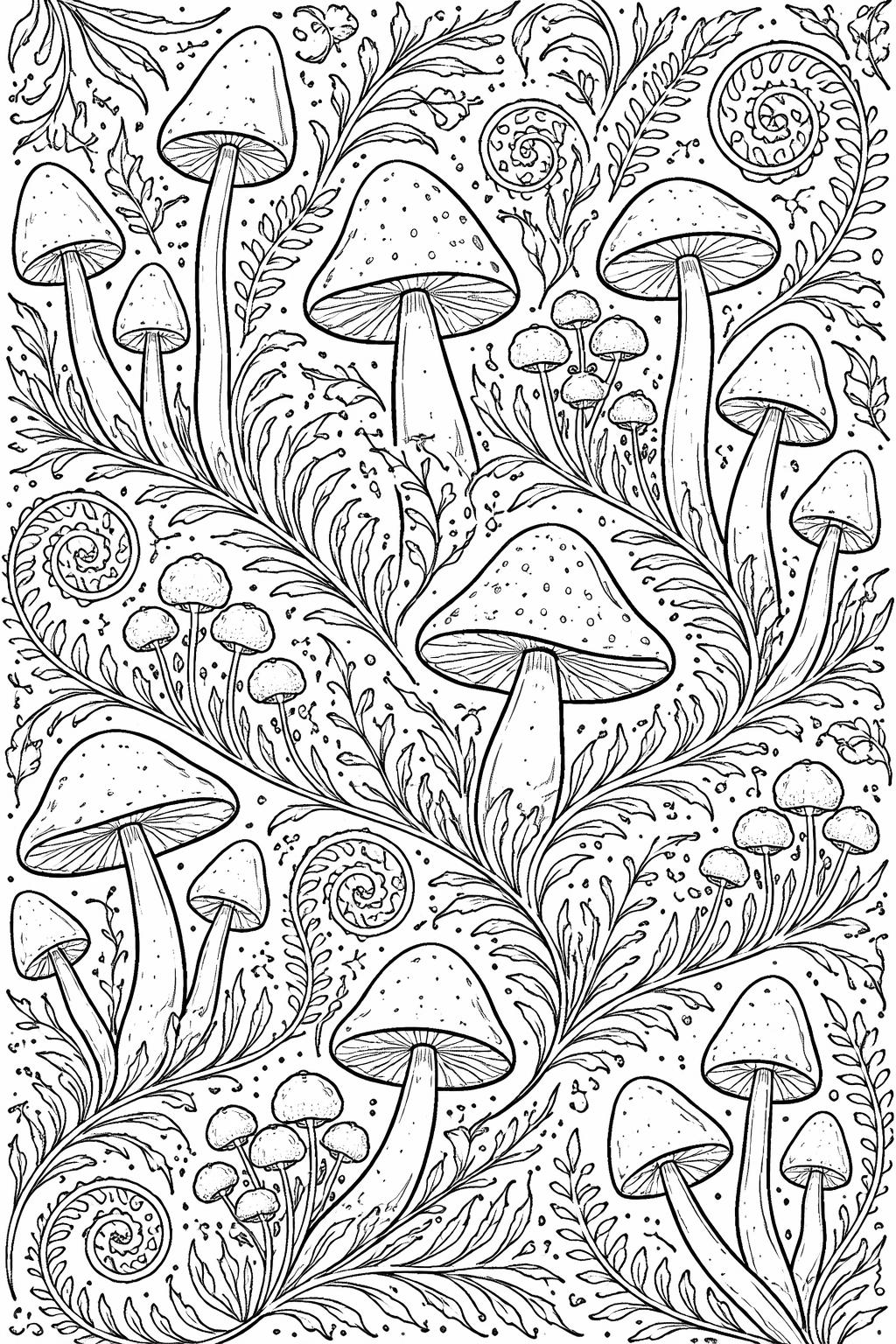 mushroom forest coloring page | tiny fungi among trees | printable woodland scene