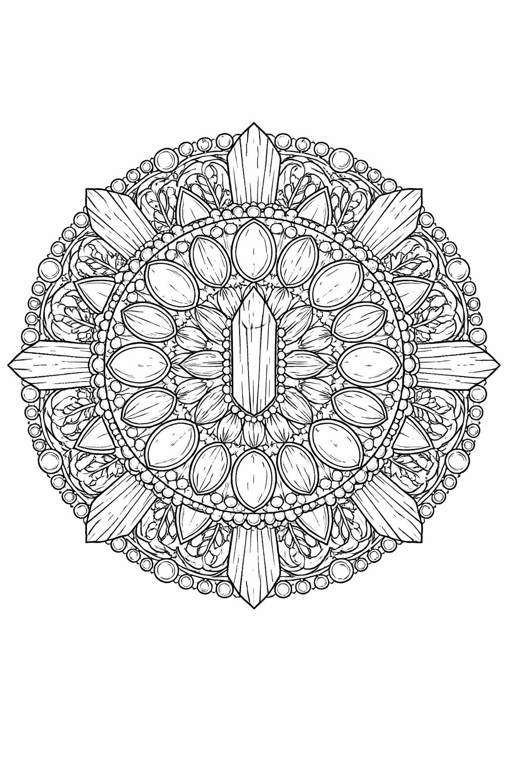 Intricate circular mandala coloring page with layered petals and bead borders.