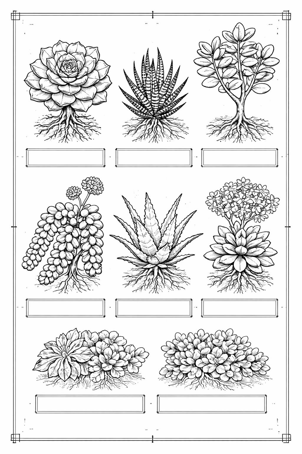 succulent terrarium coloring page | miniature glass garden | intricate adult coloring design
