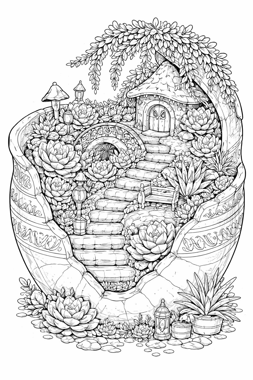 succulent close-up coloring page | detailed leaf shapes and textures | printable adult coloring sheet