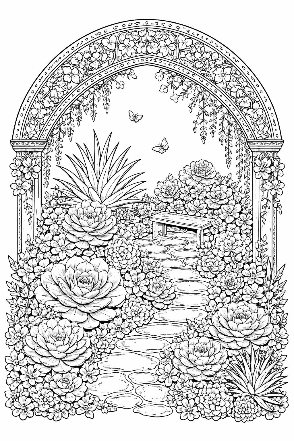 succulent mandala coloring page | symmetrical botanical patterns | mindful coloring activity