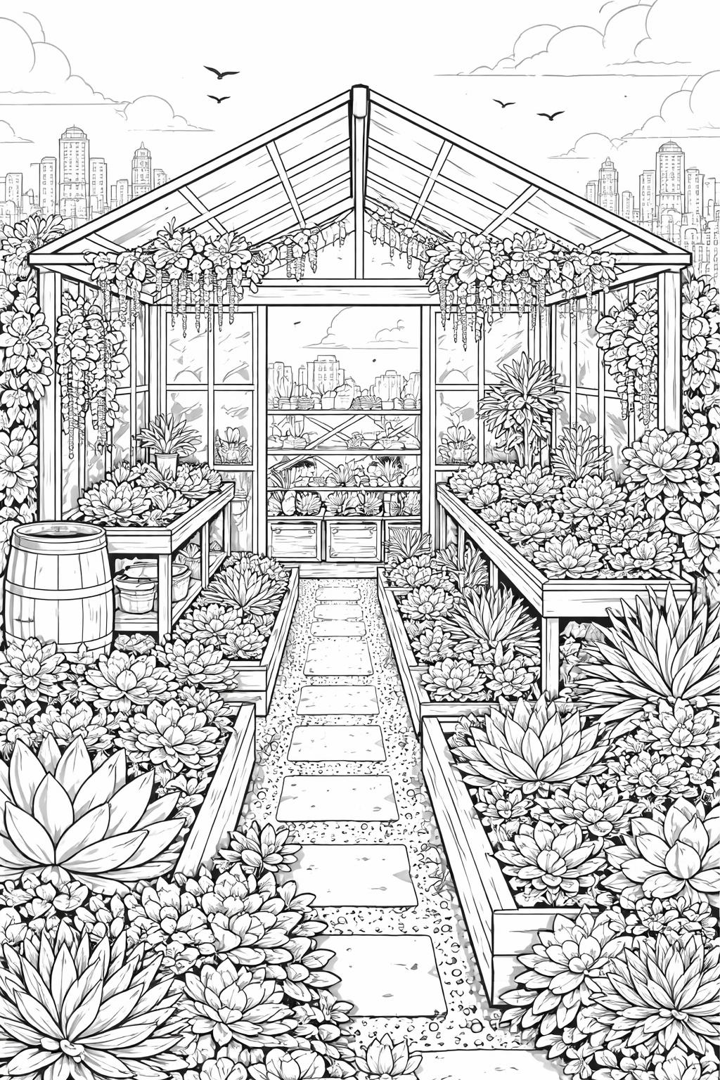 Glass greenhouse filled with hanging vines and potted plants, a gravel path leads toward a distant city skyline.