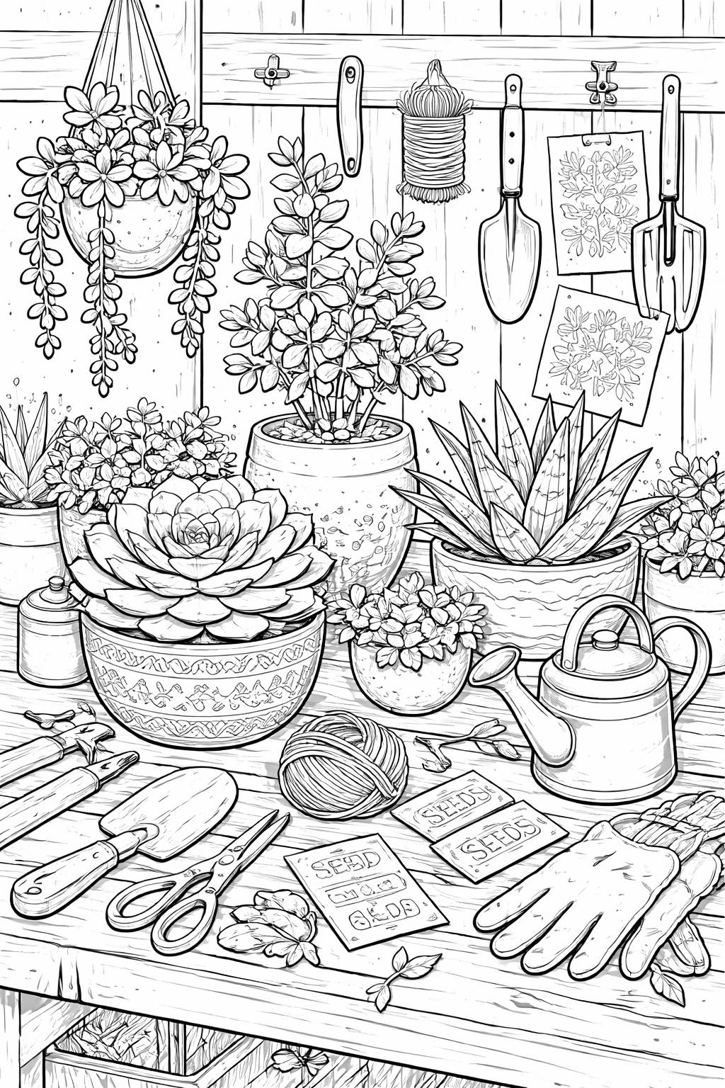 succulent collection coloring page | diverse rosette and spiky varieties | printable botanical sheet
