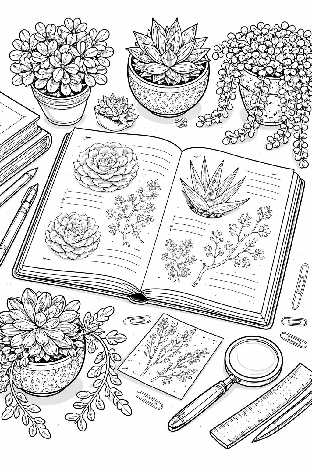 succulent garden coloring page | assorted desert plants | intricate printable artwork