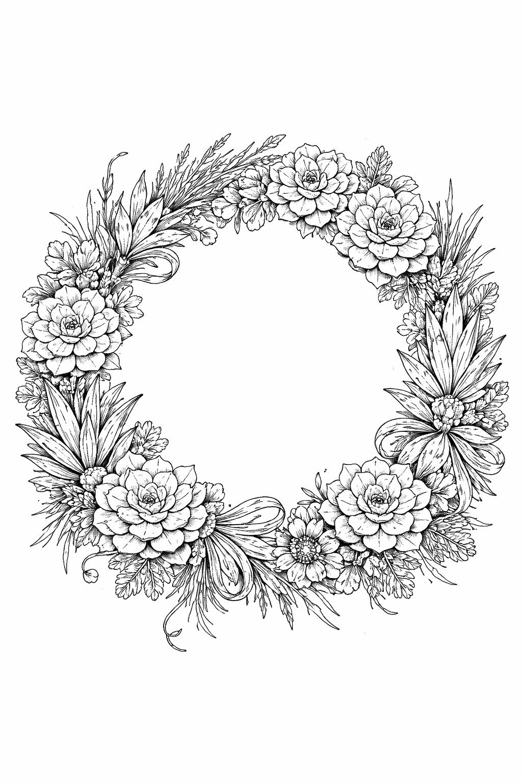 succulent wreath coloring page | circular arrangement of rosette leaves | printable adult artwork
