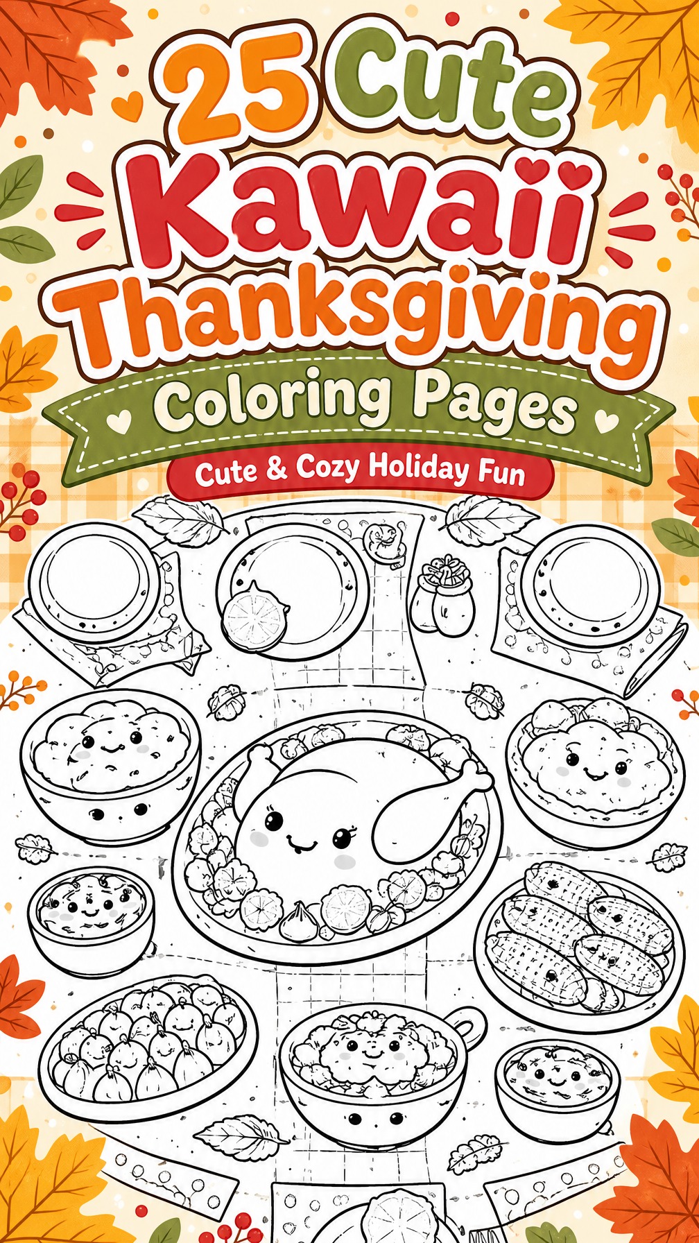 kawaii Thanksgiving coloring pages | cute holiday characters | printable kids activity