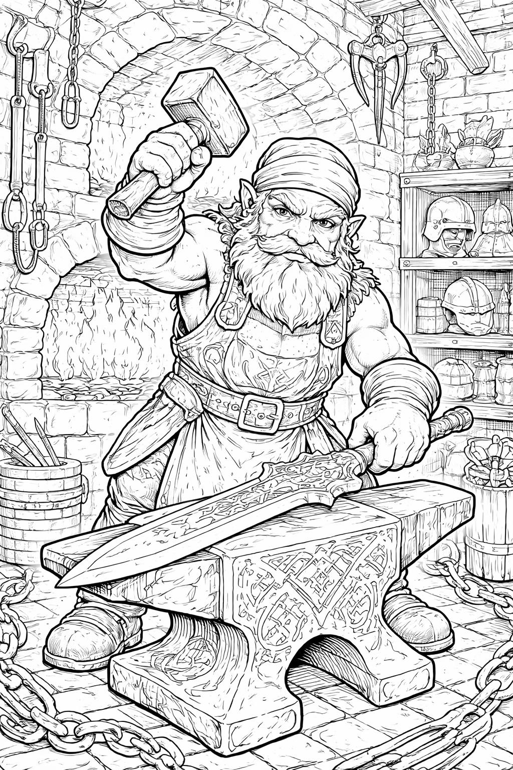 gnome in an enchanted forest coloring page | magical trees and plants | whimsical printable art