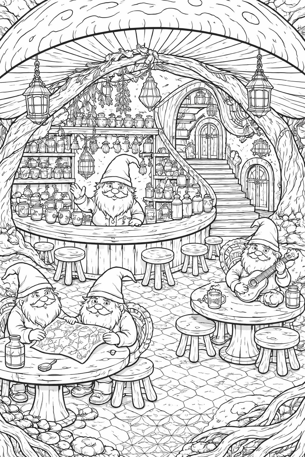 gnome and mushrooms coloring page | charming woodland scene | printable fantasy activity