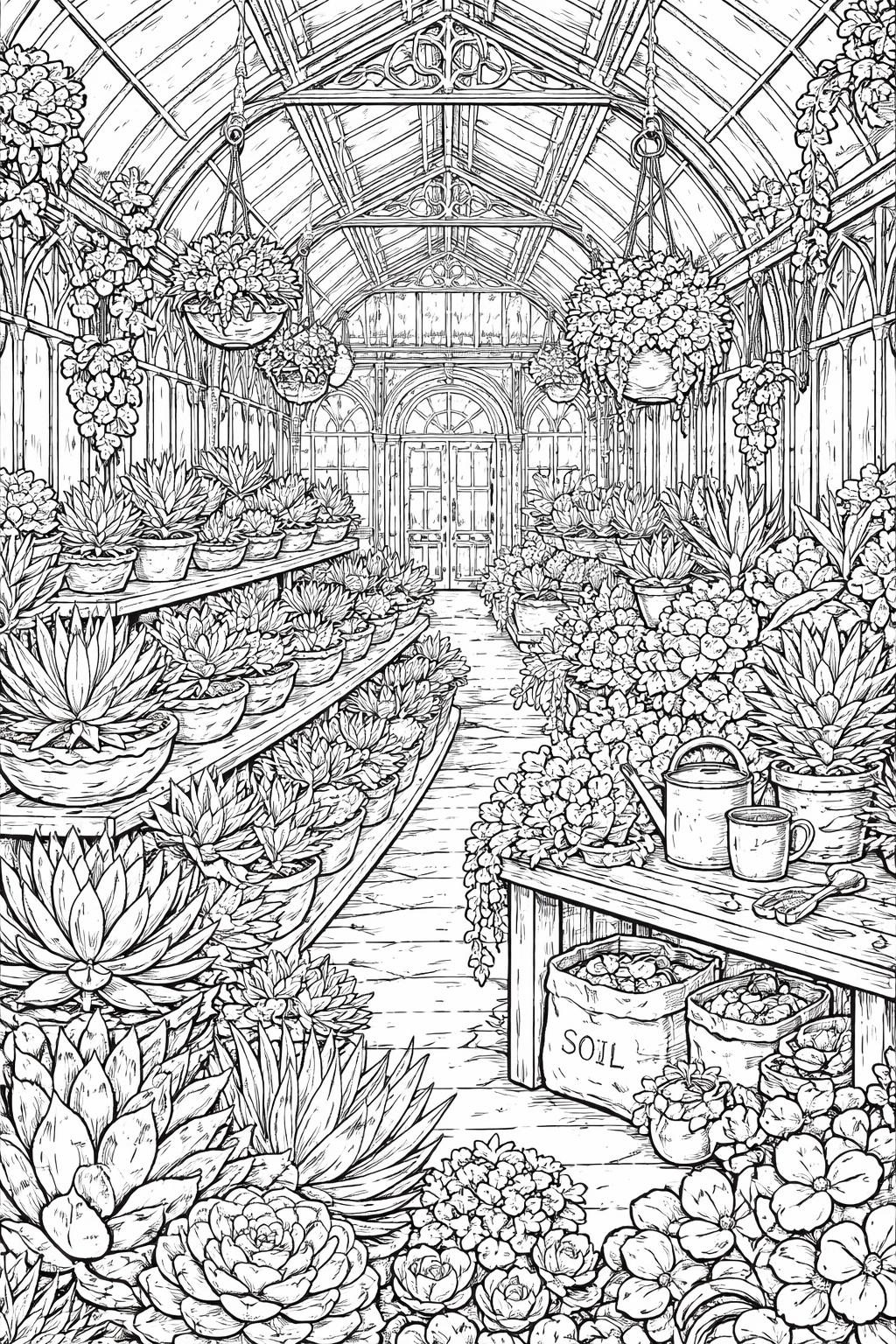 succulent garden pots coloring page | assorted planters and leafy rosettes | intricate printable artwork